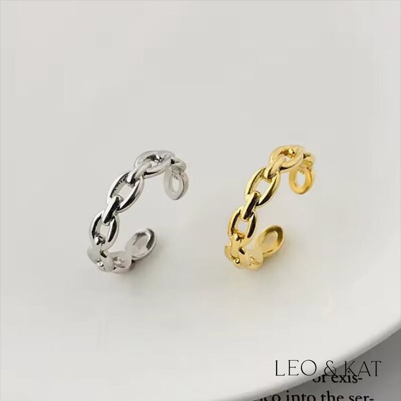 Link Chain Adjustable Ring in Gold & Silver. 925 Sterling Silver. #1085 - Picture 2 of 5
